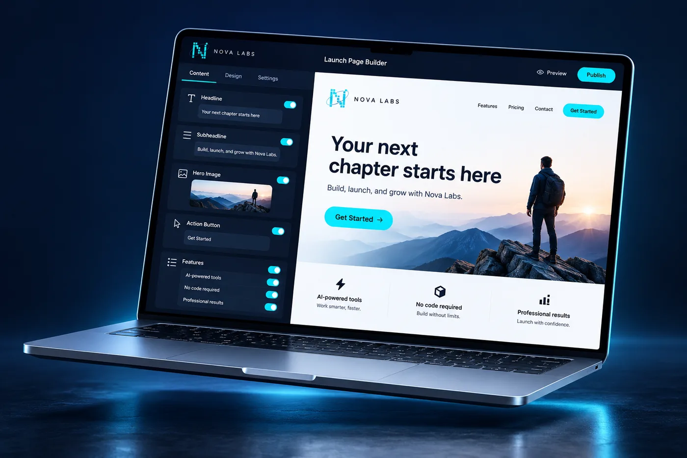 Launch Page Builder shown on a laptop, with editor and sales-page preview